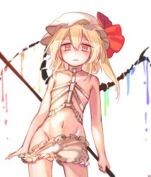 Rule 34 | 1girl, bare shoulders, belt, blonde hair, bloomers, collarbone, cowboy shot, fangs, flandre scarlet, hair between eyes, harness, hat, hat ribbon, highres, laevatein, looking at viewer, mob cap, navel, parted lips, red eyes, red ribbon, ribbon, simple background, sketch, slit pupils, solo, standing, tis (shan0x0shan), touhou, underwear, white background, white bloomers, wings