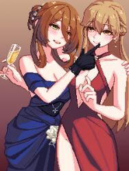 Rule 34 | 2girls, bare shoulders, blue gloves, breasts, brown background, brown eyes, brown hair, center opening, cleavage, cowboy shot, criss-cross halter, cup, dress, finger to another&#039;s mouth, girls&#039; frontline, gloves, green eyes, groin, halterneck, highres, holding, holding cup, large breasts, multiple girls, off-shoulder dress, off shoulder, ots-14 (girls&#039; frontline), pixel art, red gloves, sideboob, simple background, springfield (girls&#039; frontline), springfield (queen in radiance) (girls&#039; frontline), yiricannon, yuri