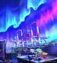 Rule 34 | agent 3 (splatoon 3), artist name, aurora, blonde hair, cargo, chain-link fence, construction, fence, highres, mizushishi, night, night sky, nintendo, outdoors, scenery, shipping container, short hair, sitting, sky, splatoon (series), splatoon 3, star (sky)