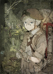Rule 34 | 1boy, absurdres, backpack, bag, blue eyes, brown headwear, closed mouth, gloves, grey hair, hair between eyes, helmet, highres, hiranko, holding, huge filesize, indoors, jar, jiruo (made in abyss), made in abyss, male focus, short sleeves, solo, whistle, whistle around neck, writing