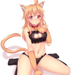 Rule 34 | 1girl, :o, ahoge, animal ear fluff, animal ears, animal hands, bare shoulders, bell, between legs, black bra, black panties, black socks, blonde hair, bra, breasts, brown gloves, cat ear panties, cat ears, cat lingerie, cat tail, choker, cleavage, cleavage cutout, clothing cutout, collarbone, colored eyelashes, eyebrows, frilled bra, frills, gloves, hair between eyes, hand between legs, hand on own chest, highres, jingle bell, kneehighs, long hair, looking at viewer, meme attire, midriff, navel, nottytiffy, original, panties, parted lips, paw gloves, red eyes, shiny skin, simple background, sitting, slit pupils, socks, solo, stomach, tail, tareme, teeth, thighs, tiffy (nottytiffy), underwear, very long hair, wariza, white background