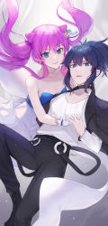 Rule 34 | 2girls, bare shoulders, black footwear, black jacket, black pants, blue eyes, blue hair, boots, breasts, closed mouth, collarbone, commentary request, commission, feet out of frame, floating hair, gloves, high-waist pants, hu kotora, jacket, jacket on shoulders, knee up, long hair, long sleeves, looking at viewer, multiple girls, original, pants, parted lips, pink hair, ponytail, shirt, skeb commission, skirt, small breasts, smile, twintails, white gloves, white shirt, white skirt