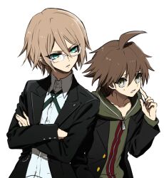 Rule 34 | 2boys, ahoge, black jacket, black sleeves, blazer, blonde hair, blue eyes, brown hair, buttons, coattails, collarbone, collared jacket, collared shirt, commentary request, danganronpa: trigger happy havoc, danganronpa (series), finger to cheek, fingernails, furrowed brow, glasses, green eyes, green hood, green jacket, green necktie, hair between eyes, hand on own arm, height difference, high collar, hood, hood down, jacket, layered sleeves, long sleeves, looking at another, male focus, multiple boys, naegi makoto, necktie, parted lips, shirt, short hair, simple background, sleeves past wrists, sweatdrop, tamaon, teeth, togami byakuya, upper body, white-framed eyewear, white background, white shirt, zipper, zipper pull tab