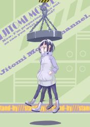 Rule 34 | 1girl, afterimage, text background, black hair, black pantyhose, boots, chain, character name, commentary request, covered mouth, crane (machine), cross-laced footwear, english text, green background, grey jacket, hands in pockets, high collar, jacket, jitomi monoe, lace-up boots, long sleeves, looking away, magnet, pantyhose, red eyes, solo, speed lines, stuck, uronai yui, virtual youtuber, voms, white footwear, zipper pull tab