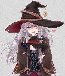 Rule 34 | 1girl, :d, ^ ^, black cape, black hat, blue eyes, blush, cape, character doll, closed eyes, closed mouth, elaina (majo no tabitabi), facing viewer, floating hair, hair between eyes, hair ribbon, hat, highres, housecat573, long hair, looking at viewer, majo no tabitabi, mole, mole under eye, neck ribbon, open mouth, red ribbon, ribbon, silver hair, smile, solo, very long hair, witch hat