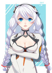 Rule 34 | 1995fay, 1girl, absurdres, ahoge, arm under breasts, artist name, blue background, blue eyes, bodysuit, border, braid, breasts, cleavage, cleavage cutout, closed mouth, clothing cutout, highres, honkai (series), honkai impact 3rd, kiana kaslana, kiana kaslana (white comet), lips, long hair, looking at viewer, twin braids, upper body, white bodysuit, white border, white hair
