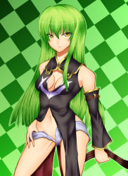Rule 34 | 00s, 1girl, breasts, c.c., cleavage, code geass, daive, detached sleeves, green hair, medium breasts, solo, unzipped