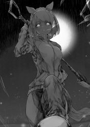 Rule 34 | 1girl, absurdres, animal ears, arm up, breasts, breath, carrying over shoulder, commission, ear covers, glowing, glowing eyes, greyscale, hairband, hand in pocket, hasukurira, highres, holding, holding shovel, horse ears, horse girl, horse tail, jacket, long sleeves, looking at viewer, looking down, monochrome, open mouth, pants, pixiv commission, short hair, shovel, small breasts, solo, stepped on, tail, track jacket, track suit, umamusume, yukino bijin (umamusume)