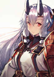 Rule 34 | 1girl, armor, bandana, fate/grand order, fate (series), grey hair, hair between eyes, highres, horns, japanese armor, japanese clothes, long hair, looking at viewer, nakatokung, red eyes, solo, tomoe gozen (fate)