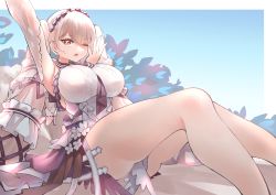 Rule 34 | 1girl, ;o, absurdly long hair, absurdres, armpits, ass, azur lane, bare legs, between breasts, black sailor collar, blue background, blush, bow, breasts, detached sleeves, dress, dress bow, feather dress, feet out of frame, flower, formidable (azur lane), formidable (timeless classics) (azur lane), frilled dress, frilled hair tubes, frilled hairband, frills, gluteal fold, gothic lolita, hair ornament, hair tubes, hairband, hand to own mouth, highres, impossible clothes, large breasts, leaning back, lolita fashion, long hair, long legs, looking at viewer, maid headdress, neckerchief, necktie, necktie between breasts, official alternate costume, one eye closed, open mouth, outdoors, outside border, outstretched arm, pelvic curtain, red eyes, ribbon, sailor collar, see-through, see-through sleeves, silver hair, sitting, solo, stretching, take yaki, thick thighs, thighs, twintails, two-tone ribbon, very long hair, white dress, white flower, white hairband, yawning