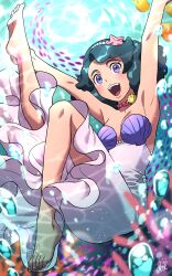 1girl air_bubble barefoot bubble butterflyfish choker coral coral_reef dolustoy dress fish full_body green_hair highres inazuma_eleven_(series) inazuma_eleven_ares_no_tenbin looking_at_viewer open_mouth pearl_hair_ornament purple_dress purple_eyes shell shell_bikini shell_choker solo starfish_hair_ornament swimming tropical_fish umihara_norika underwater