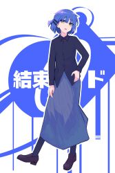 Rule 34 | 1girl, absurdres, artist name, black pantyhose, black shirt, blue hair, blush, bocchi the rock!, brown footwear, collared shirt, commentary, dress shirt, full body, grey skirt, hair ornament, hairclip, hand on own hip, highres, loafers, long sleeves, looking at viewer, open mouth, pantyhose, rnna, shirt, shoes, short hair, skirt, solo, translated, white background, yamada ryo, yellow eyes