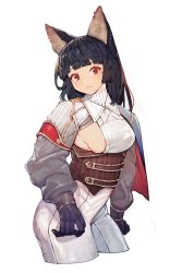 Rule 34 | 1girl, alternate costume, animal ears, black gloves, black hair, blunt bangs, breasts, commentary, cowboy shot, cropped legs, gloves, head tilt, highres, imaizumi kagerou, long hair, long sleeves, looking at viewer, medium breasts, onion (onion and pi-natto), pants, puffy sleeves, red eyes, sideboob, simple background, solo, standing, touhou, white background, white pants, wolf ears