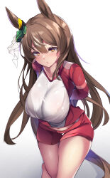 Rule 34 | 1girl, absurdres, animal ears, arms behind back, bra visible through clothes, breasts, brown hair, cleavage, ear ornament, eyelashes, gradient background, hair between eyes, heart, heart-shaped pupils, highres, horse ears, horse tail, jacket, large breasts, leaning forward, light blush, long hair, long sleeves, midriff peek, navel, open clothes, open jacket, parted lips, red jacket, red shorts, satono diamond (umamusume), see-through, see-through shirt, shirt, shorts, solo, sportswear, symbol-shaped pupils, tail, tamano nae, umamusume, white background, white shirt, yellow eyes