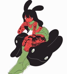 Rule 34 | 1girl, black hair, boots, closed mouth, colored skin, green footwear, long hair, midriff, original, red eyes, red skin, simple background, solo, tanaka kae, tattoo, tongue, tongue out, white background, wide shot