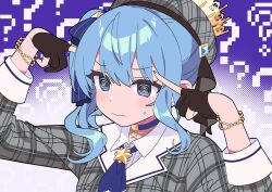 Rule 34 | 1girl, ?, @ @, ascot, black gloves, blue ascot, blue background, blue eyes, blue hair, blue nails, bracelet, brooch, choker, collared shirt, finger to head, gloves, grey beret, grey hat, hair between eyes, hat, highres, hololive, hoshimachi suisei, jacket, jewelry, partially fingerless gloves, plaid, plaid headwear, plaid jacket, shirt, side ponytail, sleeves past elbows, soh himitsuki, solo, star (symbol), star brooch, star choker, sweatdrop, two-tone background, virtual youtuber, white background