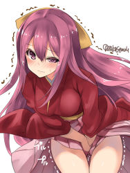 Rule 34 | 1girl, bow, clothes lift, commentary request, covering privates, covering crotch, cowboy shot, hair bow, hakama, hakama lift, hakama skirt, have to pee, highres, japanese clothes, kamikaze (kancolle), kantai collection, kimono, leaning forward, long hair, meiji schoolgirl uniform, one-hour drawing challenge, pink hakama, purple eyes, purple hair, red kimono, simple background, skirt, solo, takase muh, tasuki, trembling, twitter username, white background, yellow bow