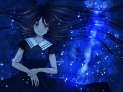 Rule 34 | 1girl, black hair, collared dress, commentary, dress, green eyes, hair spread out, long hair, looking to the side, lying, on back, original, own hands together, short sleeves, sky, smile, solo, star (sky), starry sky, suzuko (suzukosz), very long hair