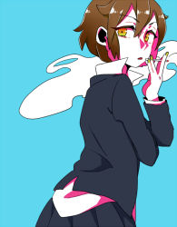 Rule 34 | 10s, 1girl, aqua background, between fingers, blazer, blouse, blue background, brown hair, cigarette, popped collar, collared shirt, delinquent, flat color, from side, green eyes, green nails, high contrast, hime kake, holding, holding cigarette, jacket, jojo colors, kantai collection, looking back, nail polish, school uniform, shirt, short hair, simple background, smoke, smoking, solo, untucked shirt, wakaba (kancolle), white shirt