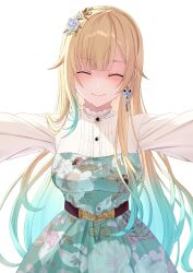 Rule 34 | 1girl, absurdres, aizawa ema, aqua dress, aqua hair, belt, blonde hair, blunt bangs, brown belt, closed eyes, closed mouth, dress, earrings, facing viewer, floral print, flower, flower earrings, gradient hair, hair flower, hair ornament, highres, jewelry, long hair, long sleeves, majin (mazimazindayo), multicolored hair, outstretched arms, shaded face, sidelocks, smile, solo, swept bangs, upper body, virtual youtuber, vspo!, white background, white dress
