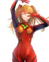 Rule 34 | 1girl, absurdres, arms up, artist request, blue eyes, bodysuit, breasts, brown hair, curvy, head tilt, highres, interface headset, lips, long hair, medium breasts, neon genesis evangelion, one eye closed, pilot suit, plugsuit, rebuild of evangelion, red bodysuit, shiny clothes, smile, solo, souryuu asuka langley, standing, tsundere, two side up, white background, wide hips, wink