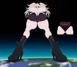 Rule 34 | 1girl, absurdres, ass, bear hair ornament, blonde hair, blue eyes, blush, breasts, cleavage, curvy, danganronpa (series), earth (planet), enoshima junko, female focus, full body, giant, giantess, gigantic breasts, gluteal fold, hair ornament, highres, huge ass, long hair, looking at viewer, necktie, planet, rustandbolts, satellite, skindentation, solo, thick thighs, thighs, twintails, upskirt, wide hips