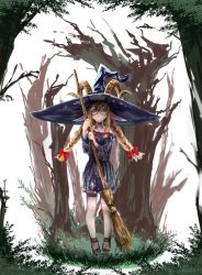 Rule 34 | 1girl, blonde hair, blue hat, braid, broom, female focus, glasses, hat, horns, jaco, original, outdoors, pointy ears, slit pupils, solo, standing, twin braids, witch, witch hat, yellow eyes