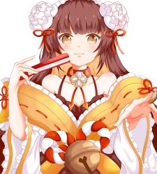 Rule 34 | 1girl, absurdres, bell, blunt bangs, brown hair, dress, emgh7234, exorcist miya, flat chest, grin, hair ornament, hand fan, highres, japanese clothes, jewelry, long hair, looking at viewer, necklace, smile, white background, yellow eyes