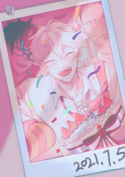 Rule 34 | 4boys, absurdres, blonde hair, blue period, cake, character doll, closed eyes, confetti, dated, duanduan, food, fruit, highres, koigakubo (blue period), laughing, multiple boys, photo (object), strawberry, sumida (blue period), utashima (blue period), v, yaguchi yatora