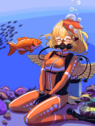 Rule 34 | 1girl, absurdres, bird wings, blonde hair, bodysuit, breasts, closed eyes, commentary request, diving mask, diving regulator, diving suit, feathered wings, fish, flippers, goggles, highres, nicoseiga 26694557, niwatari kutaka, orange wetsuit, oxygen tank, red hair, scuba, scuba gear, scuba tank, short hair, sitting, skin tight, small breasts, solo, tail, touhou, underwater, wariza, wetsuit, wings, yellow tail, yellow wings