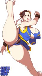 Rule 34 | 1girl, anal hair, anus, armpit hair, black eyes, blush, breasts, brown hair, bun cover, capcom, chun-li, cleft of venus, earrings, female focus, female pubic hair, fisticuffs club, forehead, hair ornament, hair ribbon, huge breasts, jewelry, kicking, kneepits, large breasts, no panties, open mouth, pubic hair, pussy, ribbon, short hair, simple background, solo, spread legs, standing, street fighter, thick thighs, thighs, torn clothes, twitter username, uncensored, white background