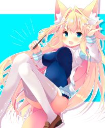 Rule 34 | 1girl, :d, animal ear fluff, animal ears, blonde hair, blue background, blue eyes, blue one-piece swimsuit, blush, bow, breasts, brown footwear, commentary, covered navel, fang, fox ears, fox girl, fox tail, fuuna thise, hair bow, hair intakes, highres, holding, holding stylus, impossible clothes, impossible swimsuit, large breasts, loafers, long hair, long sleeves, \\n/, one-piece swimsuit, open mouth, original, outline, shoes, smile, solo, stylus, swimsuit, symbol-only commentary, tail, thighhighs, two-tone background, very long hair, white background, white bow, white outline, white thighhighs