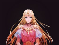 Rule 34 | 1girl, blonde hair, blue eyes, bracer, cape, circlet, dress, earrings, jewelry, long hair, looking at viewer, necklace, nintendo, pointy ears, princess zelda, simple background, smile, solo, sophie (693432), the legend of zelda, the legend of zelda: a link between worlds, the legend of zelda: a link to the past, tiara
