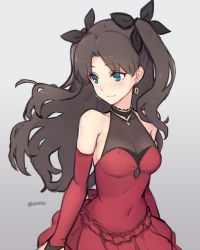 Rule 34 | 1girl, arms at sides, bare shoulders, black ribbon, blue eyes, blush, breasts, bridal gauntlets, cleavage, closed mouth, collarbone, commentary request, covered navel, dan (kumadan), dress, earrings, fate/stay night, fate (series), frilled dress, frills, gradient background, grey background, hair ribbon, highres, jewelry, long hair, looking away, looking to the side, parted bangs, red dress, ribbon, small breasts, smile, solo, tohsaka rin, twitter username, two side up, very long hair