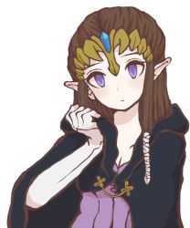Rule 34 | 1girl, bad id, bad pixiv id, blue eyes, breasts, brown hair, cape, cleavage, gloves, head tilt, hood, long hair, nintendo, pointy ears, princess zelda, simple background, solo, sunagimo (nagimo), the legend of zelda, the legend of zelda: twilight princess, tiara, white background