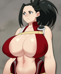 Rule 34 | 1girl, bare shoulders, black eyes, black hair, boku no hero academia, breasts, cleavage, closed mouth, collarbone, foxicube, grey background, highres, huge breasts, leotard, looking to the side, navel, ponytail, red leotard, shiny skin, simple background, sleeveless, solo, sweat, upper body, yaoyorozu momo