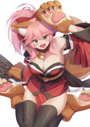 Rule 34 | 1girl, absurdres, animal ear fluff, animal ears, animal hands, bell, black thighhighs, breasts, cat paws, cleavage, commentary request, detached sleeves, fangs, fate/grand order, fate (series), fox ears, fox girl, fox tail, gloves, hair between eyes, hair ribbon, highres, japanese clothes, jingle bell, kimono, large breasts, long hair, neck bell, obi, open mouth, orange eyes, partial commentary, paw gloves, paw shoes, pelvic curtain, pink hair, ponytail, red kimono, red ribbon, ribbon, sash, sitting, tail, tamamo (fate), tamamo cat (fate), tamamo cat (first ascension) (fate), thighhighs, wariza, wide sleeves, yappe