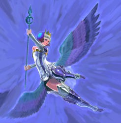 Rule 34 | 1girl, armor, armored dress, blue background, blue theme, crown, dress, gwendolyn (odin sphere), head wings, low wings, multicolored wings, odin sphere, polearm, sochie, solo, spear, strapless, strapless dress, weapon, wings
