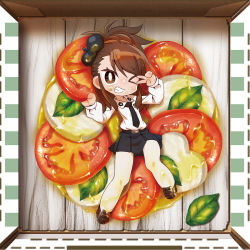 Rule 34 | 10s, 1girl, amaretto (girls und panzer), belt, beret, black footwear, black skirt, brown eyes, brown hair, chaki (teasets), cheese, chibi, dress shirt, extra, food, full body, girls und panzer, grin, hat, in food, loafers, long hair, long sleeves, looking at viewer, lying, mini person, minigirl, miniskirt, on back, one eye closed, pantyhose, pizza box, pleated skirt, salute, school uniform, shirt, shoes, skirt, smile, solo, tomato, two-finger salute, white pantyhose, white shirt