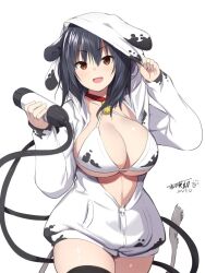 Rule 34 | 1girl, animal ears, animal print, bell, black hair, black thighhighs, bra, breasts, cleavage, cow ears, cow girl, cow print, cow tail, cowbell, dated, holding, hood, hood up, hooded jacket, jacket, large breasts, long sleeves, looking at viewer, medium hair, neck bell, open mouth, original, signature, solo, tail, thighhighs, underwear, upper body, white background, white bra, white jacket, yellow eyes, yoshikawa hideaki