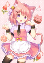 Rule 34 | 1girl, :d, animal ear fluff, animal ears, apron, bell, black thighhighs, cat ears, cat girl, cat tail, commission, dress, fang, food, frilled dress, frills, fruit, hair bell, hair ornament, kemamire, macaron, open mouth, original, paw pose, paw print, pink dress, pink hair, puffy short sleeves, puffy sleeves, purple eyes, short hair, short sleeves, skeb commission, smile, strawberry, tail, thighhighs, waist apron, wristband, zettai ryouiki