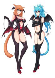 Rule 34 | 2girls, absurdres, airisubaka, animal ear fluff, animal ears, arm under breasts, bare shoulders, bat wings, black-framed eyewear, black footwear, black gloves, blue eyes, blue hair, blue ribbon, boots, breasts, cat ears, cat girl, cat tail, cleavage, commentary, demon costume, elbow gloves, english commentary, full body, glasses, gloves, head wings, heterochromia, high heel boots, high heels, highres, holding, holding whip, large breasts, long hair, looking at viewer, low wings, medium breasts, medium hair, multiple girls, navel, orange hair, original, parted lips, ponytail, red eyes, ribbon, simple background, smile, standing, tail, tail ornament, tail ribbon, thigh boots, thighhighs, whip, white background, wings