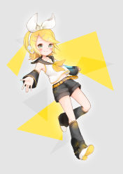 Rule 34 | 1girl, bad id, bad pixiv id, belt, blonde hair, blue eyes, boots, bow, detached sleeves, hair bow, hair ornament, hairclip, headset, kagamine rin, knee boots, looking at viewer, mnmktn, sailor collar, short hair, shorts, smile, solo, vocaloid