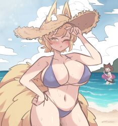 Rule 34 | 2girls, absurdres, alternate costume, animal ear fluff, animal ears, arm up, bare shoulders, beach, blonde hair, breasts, brown hair, cat ears, cat tail, chen, cleavage, cloud, day, ears through headwear, fox ears, fox tail, hand up, highres, horizon, large breasts, littlecloudie, multiple girls, multiple tails, nekomata, outdoors, petite, short hair, swimsuit, tail, touhou, two tails, v, water, yakumo ran