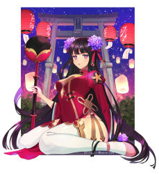 Rule 34 | 1girl, bad id, bad pixiv id, bell, black hair, breasts, china dress, chinese clothes, cleavage, dress, flower, hair flower, hair ornament, jingle bell, lantern, long hair, looking at viewer, ma9, night, night sky, original, paper lantern, pink footwear, purple eyes, shoes, sitting, sky, solo, thick thighs, thighhighs, thighs, torii, wariza, watermark, web address, white thighhighs