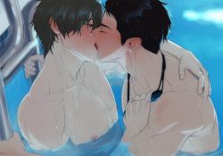 Rule 34 | 2boys, bara, black hair, blush, brown hair, couple, closed eyes, free!, french kiss, goggles, goggles around neck, green eyes, high speed!, kiss, large pectorals, looking at another, male focus, multiple boys, muscular, muscular male, nipples, partially submerged, pectorals, pool, riffraffhellyea, short hair, sideburns, tachibana makoto, tongue, tongue out, water, wet, wet hair, yamazaki sousuke, yaoi