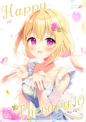 Rule 34 | 1girl, :d, aoi yun, balloon, blonde hair, blush, breasts, collarbone, commentary request, cover, cover page, dress, flower, hair between eyes, hair flower, hair ornament, hands up, highres, low twintails, medium breasts, open mouth, original, petals, pink flower, pink rose, purple eyes, rose, see-through, simple background, sleeveless, sleeveless dress, smile, solo, twintails, white background, white dress