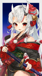 Rule 34 | 1girl, bare shoulders, bell, black kimono, blush, double bun, fang, gotou (nekocat), hair bell, hair bun, hair ornament, hand on hilt, highres, holding, holding sheath, holding sword, holding weapon, hololive, horns, japanese clothes, jingle bell, kimono, long hair, looking at viewer, mask, mask on head, multicolored hair, nakiri ayame, nakiri ayame (1st costume), obi, oni mask, open mouth, red eyes, red hair, sash, sheath, sheathed, signature, skin-covered horns, smile, solo, streaked hair, sword, virtual youtuber, weapon, white hair