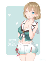 Rule 34 | 1girl, absurdres, anniversary, aticsanir, blue eyes, blush, breasts, brown hair, cleavage, dated, hand on own hip, heart, highres, jewelry, kantai collection, large breasts, looking at viewer, maya (kancolle), one eye closed, pleated skirt, ring, short hair, simple background, skirt, sleeveless, smile, twitter username, wedding band