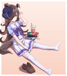 Rule 34 | 1girl, animal ears, arm up, black hat, blue flower, blue rose, blush, book, book stack, bow, brown background, brown footwear, brown hair, bubble tea, closed mouth, coma (light825), drinking straw, ears down, flower, frilled skirt, frills, full body, hair over one eye, hat, hat flower, highres, horse ears, horse girl, horse tail, loafers, long hair, looking at viewer, petals, pleated skirt, puffy short sleeves, puffy sleeves, purple bow, purple eyes, purple shirt, rice shower (umamusume), rose, school uniform, shadow, shirt, shoes, short sleeves, sitting, skirt, soles, solo, tail, thighhighs, tilted headwear, tracen school uniform, two-tone background, umamusume, unworn shoes, very long hair, white background, white skirt, white thighhighs